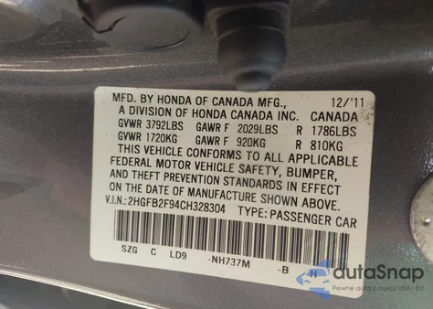 2012 Honda Civic Ex-L z USA, uszkodzony, nr VIN 2HGFB2F94CH328304